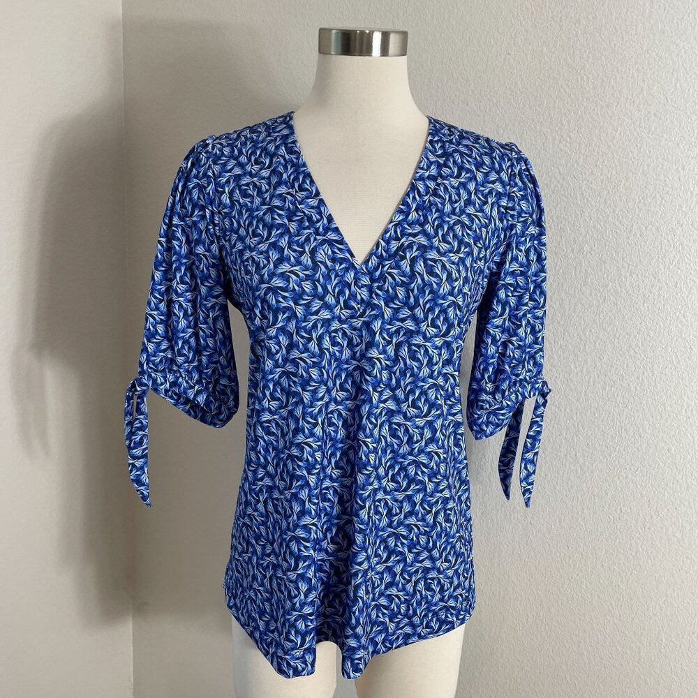 Hale Bob Royal Blue and White V-Neck Tie-Sleeve Blouse